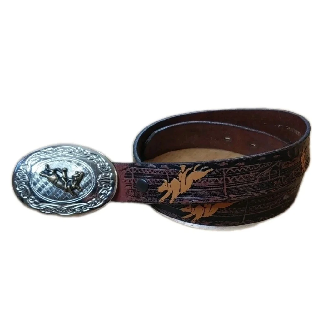 Nocona Rodeo Western Tooled Leather Belt Boys Sz 26 Silver Gold Bullrider Buckle